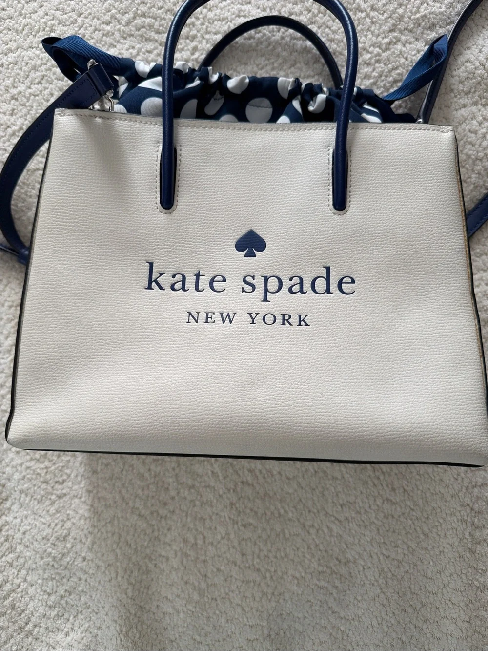 Kate Spade New York Trista Leather Shopper Tote w/Polka Dot Lining - Cream Navy